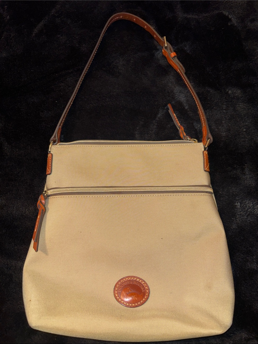 Dooney & Bourke Beige Canvas Shoulder Bag with Brown Leather Trim